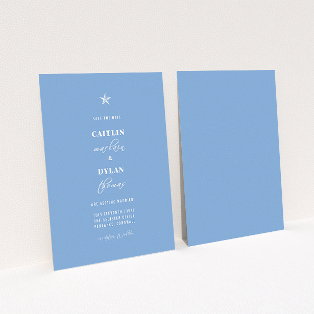A wedding save the date design named "North Star". It is an A5 save the date in a portrait orientation. "North Star" is available as a flat save the date, with mainly dark cream colouring.