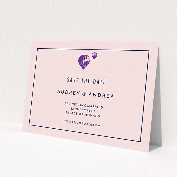 A wedding save the date design called 'Off and away'. It is an A5 save the date in a landscape orientation. 'Off and away' is available as a flat save the date, with tones of pink, purple and midnight blue.