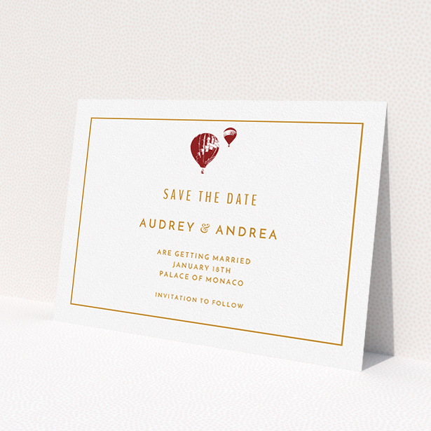 A wedding save the date called 'Off and away'. It is an A5 save the date in a landscape orientation. 'Off and away' is available as a flat save the date, with tones of white and orange.