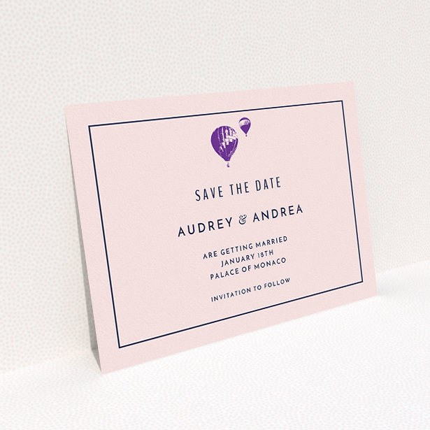 A wedding save the date design called "Off and away". It is an A5 save the date in a landscape orientation. "Off and away" is available as a flat save the date, with tones of pink, purple and midnight blue.