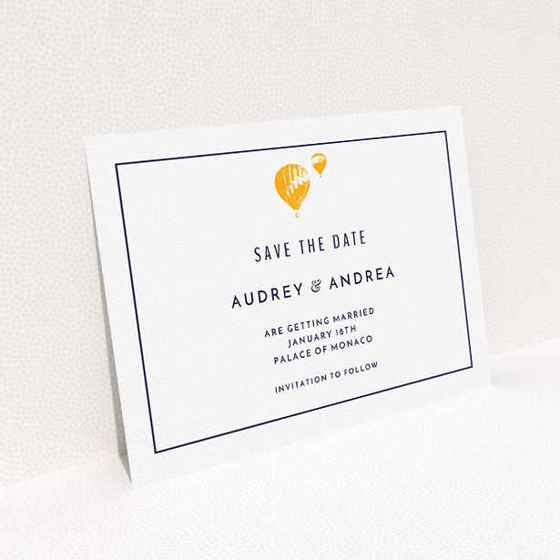 A wedding save the date called "Off and away". It is an A5 save the date in a landscape orientation. "Off and away" is available as a flat save the date, with tones of white and orange.