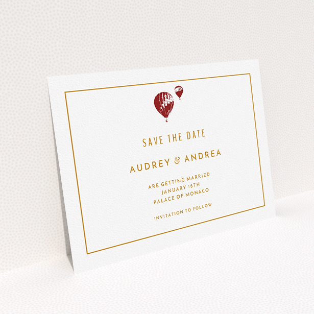 A wedding save the date called "Off and away". It is an A5 save the date in a landscape orientation. "Off and away" is available as a flat save the date, with tones of white and orange.