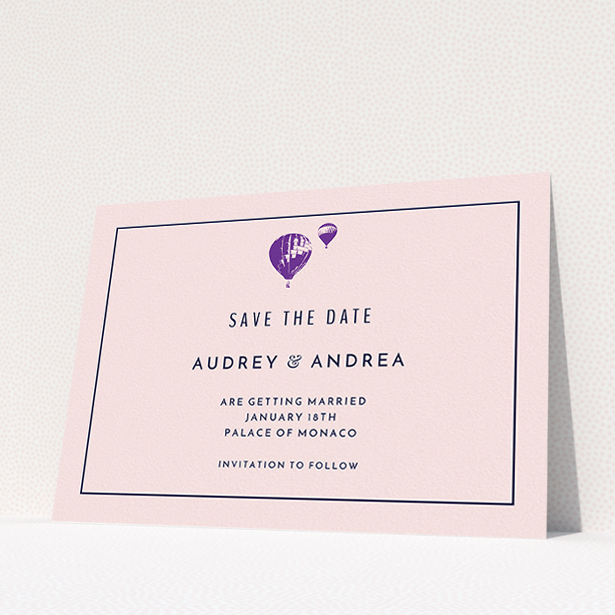 A wedding save the date design called "Off and away". It is an A5 save the date in a landscape orientation. "Off and away" is available as a flat save the date, with tones of pink, purple and midnight blue.
