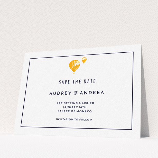 A wedding save the date called "Off and away". It is an A5 save the date in a landscape orientation. "Off and away" is available as a flat save the date, with tones of white and orange.