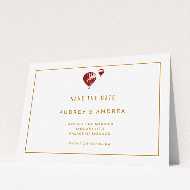 A wedding save the date called "Off and away". It is an A5 save the date in a landscape orientation. "Off and away" is available as a flat save the date, with tones of white and orange.