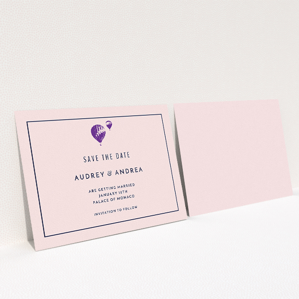 A wedding save the date design called "Off and away". It is an A5 save the date in a landscape orientation. "Off and away" is available as a flat save the date, with tones of pink, purple and midnight blue.