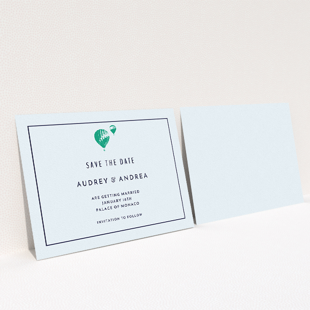 A wedding save the date design called "Off and away". It is an A5 save the date in a landscape orientation. "Off and away" is available as a flat save the date, with mainly white colouring.