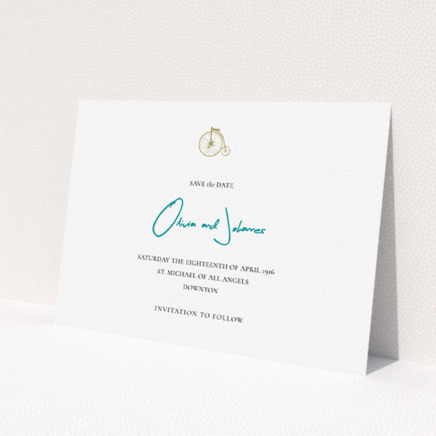 A wedding save the date design titled 'On your bike new'. It is an A5 save the date in a landscape orientation. 'On your bike new' is available as a flat save the date, with tones of white and blue.