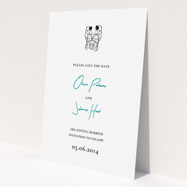 A wedding save the date named 'One small step'. It is an A5 save the date in a portrait orientation. 'One small step' is available as a flat save the date, with tones of white and blue.