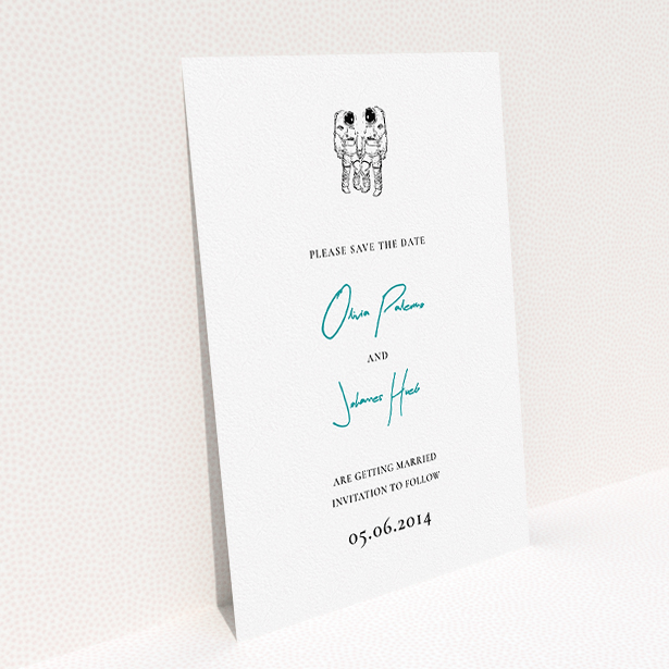A wedding save the date named "One small step". It is an A5 save the date in a portrait orientation. "One small step" is available as a flat save the date, with tones of white and blue.