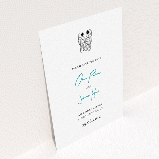 A wedding save the date named "One small step". It is an A5 save the date in a portrait orientation. "One small step" is available as a flat save the date, with tones of white and blue.