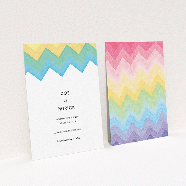 A wedding save the date template titled "Pastel Jungle". It is an A5 save the date in a portrait orientation. "Pastel Jungle" is available as a flat save the date, with tones of blue and white.