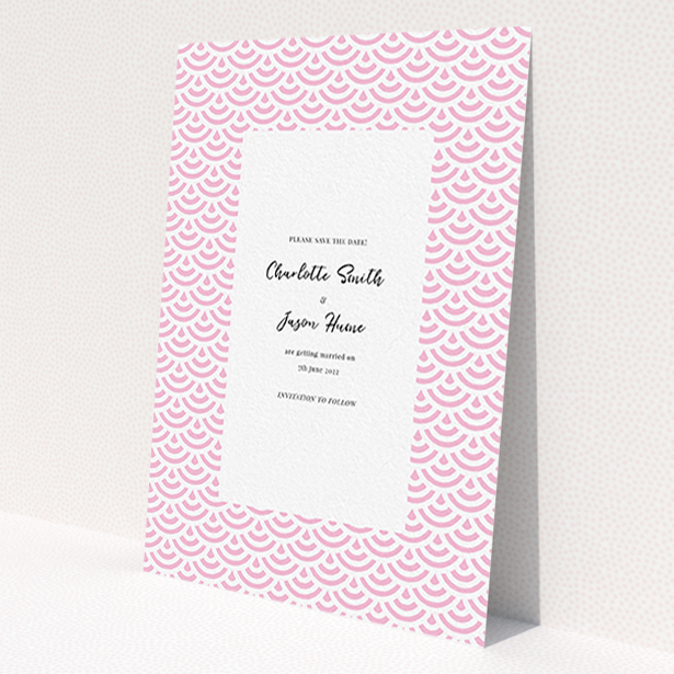 A wedding save the date named 'Pink Fans'. It is an A6 save the date in a portrait orientation. 'Pink Fans' is available as a flat save the date, with mainly pink colouring.