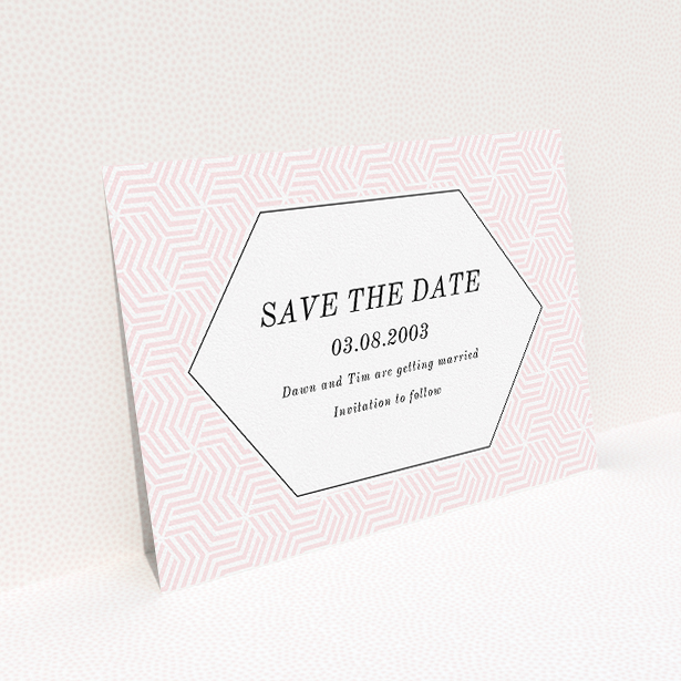 A wedding save the date called "Pink geometric maze". It is an A5 save the date in a landscape orientation. "Pink geometric maze" is available as a flat save the date, with tones of pink and white.