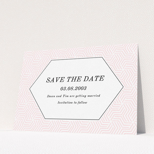 A wedding save the date called "Pink geometric maze". It is an A5 save the date in a landscape orientation. "Pink geometric maze" is available as a flat save the date, with tones of pink and white.