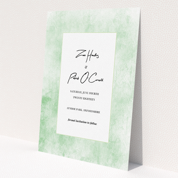 A wedding save the date called 'Rustic Green'. It is an A5 save the date in a portrait orientation. 'Rustic Green' is available as a flat save the date, with tones of green and white.