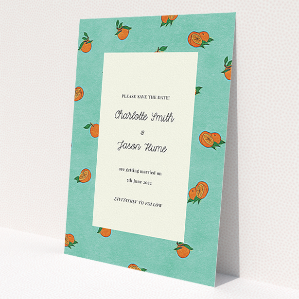A wedding save the date design named 'Seville'. It is an A5 save the date in a portrait orientation. 'Seville' is available as a flat save the date, with tones of green and orange.