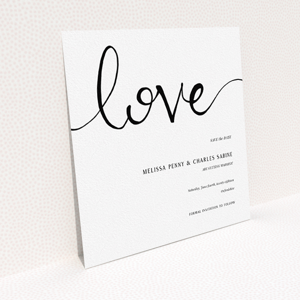 A wedding save the date template titled "Simply Love". It is a square (148mm x 148mm) save the date in a square orientation. "Simply Love" is available as a flat save the date, with tones of white and black.