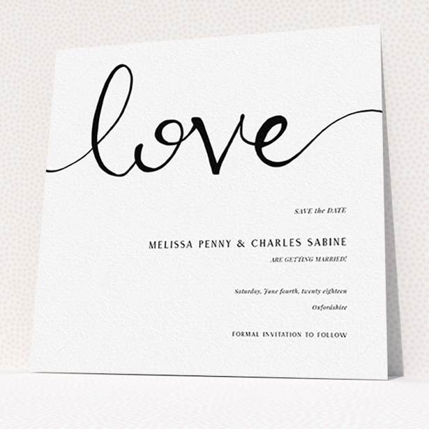 A wedding save the date template titled "Simply Love". It is a square (148mm x 148mm) save the date in a square orientation. "Simply Love" is available as a flat save the date, with tones of white and black.