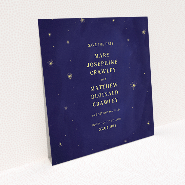 A wedding save the date design titled "Sky at night". It is a square (148mm x 148mm) save the date in a square orientation. "Sky at night" is available as a flat save the date, with tones of midnight blue and yellow.