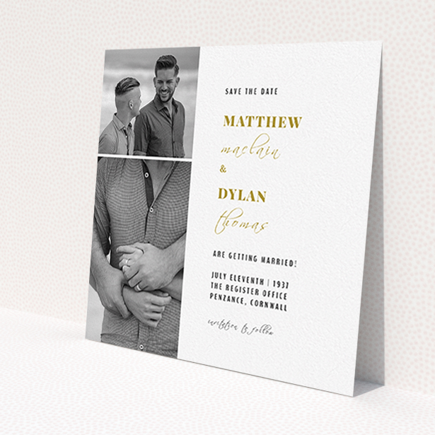 A wedding save the date design named 'Together again'. It is a square (148mm x 148mm) save the date in a square orientation. It is a photographic wedding save the date with room for 2 photos. 'Together again' is available as a flat save the date, with tones of white and gold.