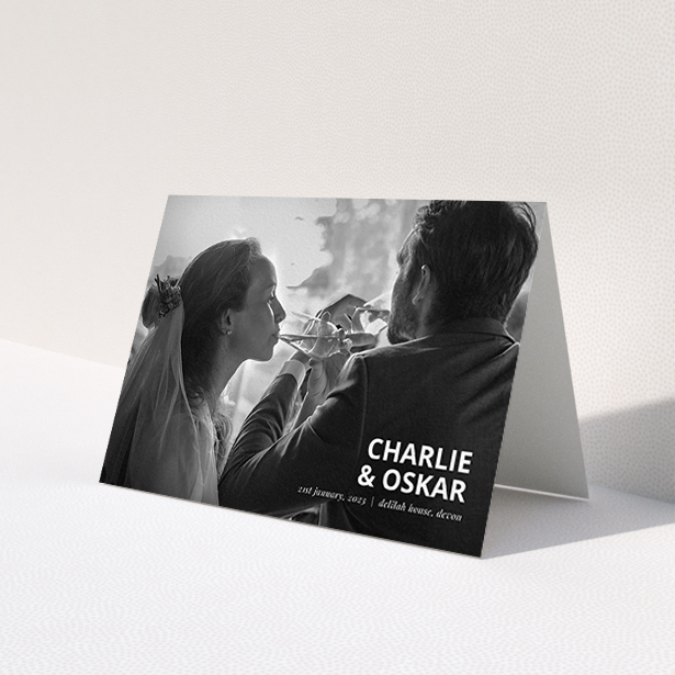 A wedding thank you card design called 'Bold Photo Corner'. It is an A6 card in a landscape orientation. It is a photographic wedding thank you card with room for 1 photo. 'Bold Photo Corner' is available as a folded card, with mainly white colouring.