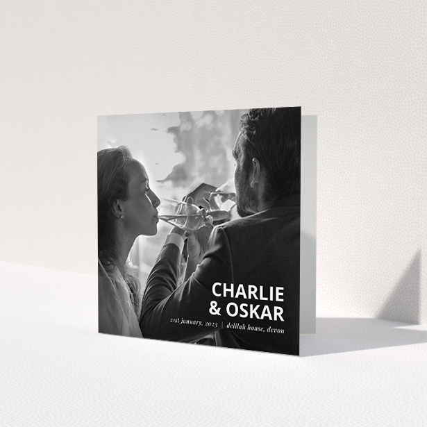 A wedding thank you card design called 'Bold Photo Corner'. It is a square (148mm x 148mm) card in a square orientation. It is a photographic wedding thank you card with room for 1 photo. 'Bold Photo Corner' is available as a folded card, with mainly white colouring.