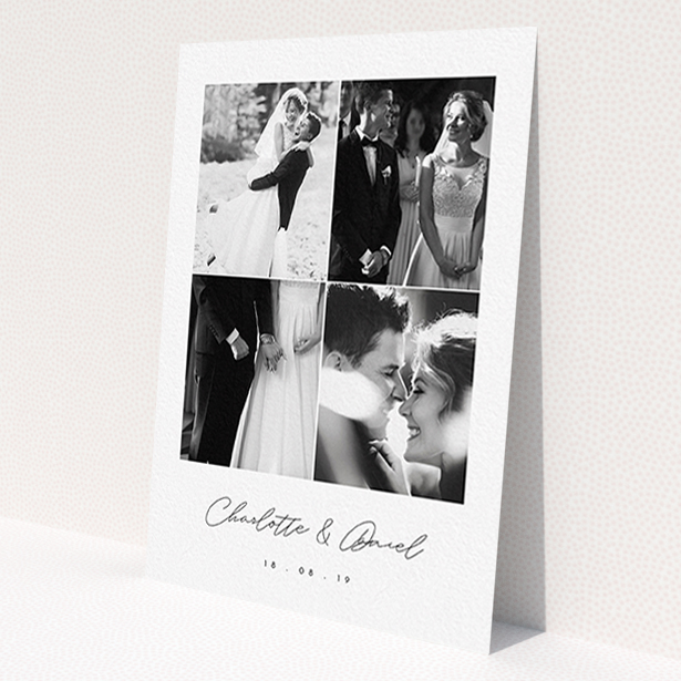 A wedding thank you card named 'Box Chic'. It is an A6 card in a portrait orientation. It is a photographic wedding thank you card with room for 3 photos. 'Box Chic' is available as a flat card, with tones of black and white.
