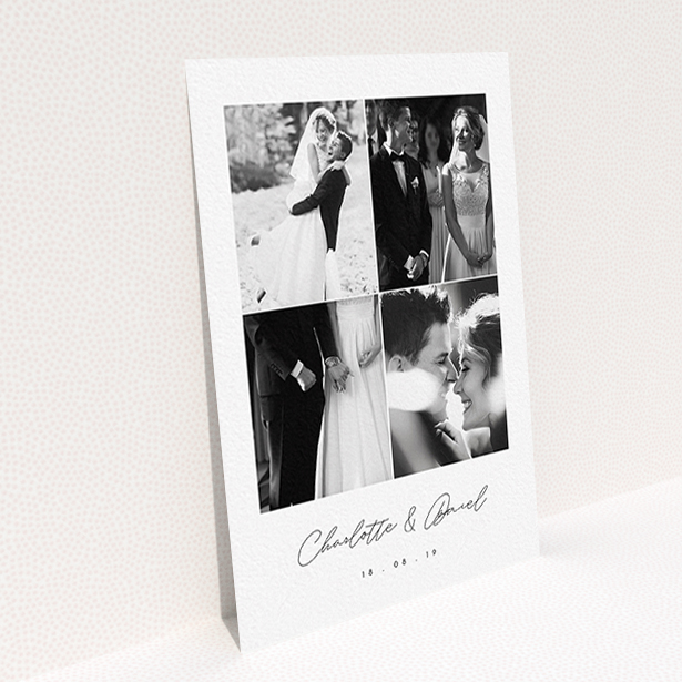 A wedding thank you card named "Box Chic". It is an A6 card in a portrait orientation. It is a photographic wedding thank you card with room for 3 photos. "Box Chic" is available as a flat card, with tones of black and white.