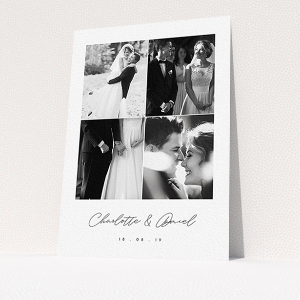 A wedding thank you card named "Box Chic". It is an A6 card in a portrait orientation. It is a photographic wedding thank you card with room for 3 photos. "Box Chic" is available as a flat card, with tones of black and white.