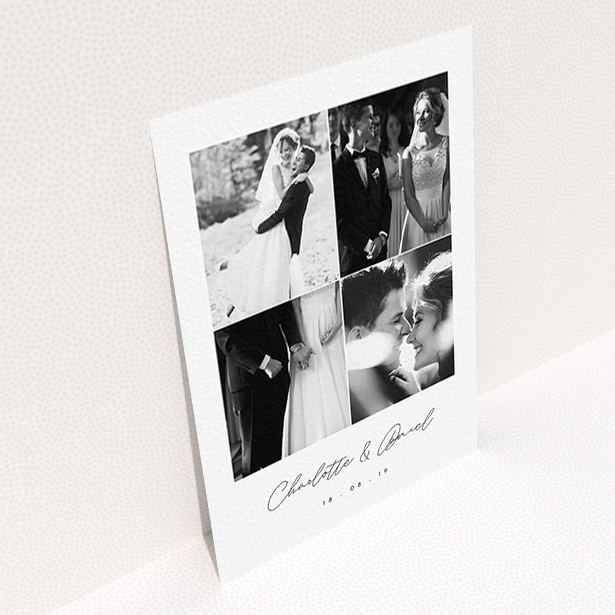 A wedding thank you card named "Box Chic". It is an A6 card in a portrait orientation. It is a photographic wedding thank you card with room for 3 photos. "Box Chic" is available as a flat card, with tones of black and white.