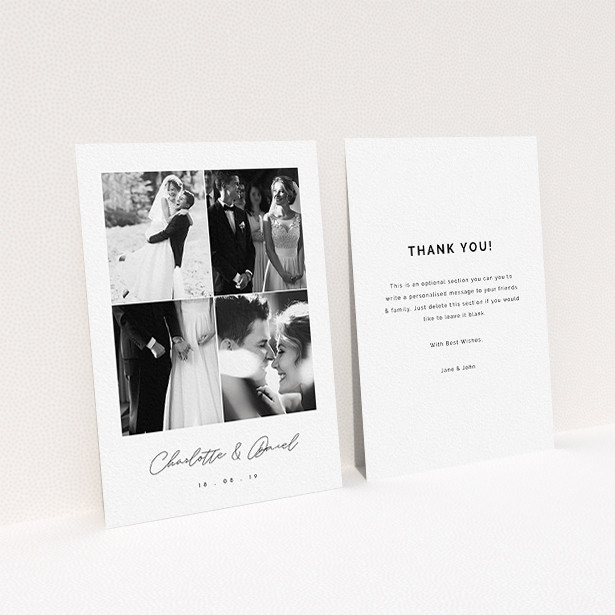 A wedding thank you card named "Box Chic". It is an A6 card in a portrait orientation. It is a photographic wedding thank you card with room for 3 photos. "Box Chic" is available as a flat card, with tones of black and white.