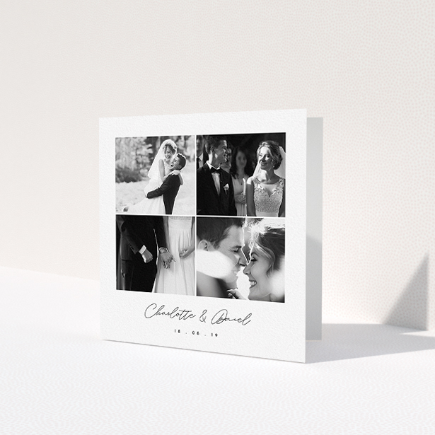A wedding thank you card named 'Box Chic'. It is a square (148mm x 148mm) card in a square orientation. It is a photographic wedding thank you card with room for 3 photos. 'Box Chic' is available as a folded card, with tones of black and white.