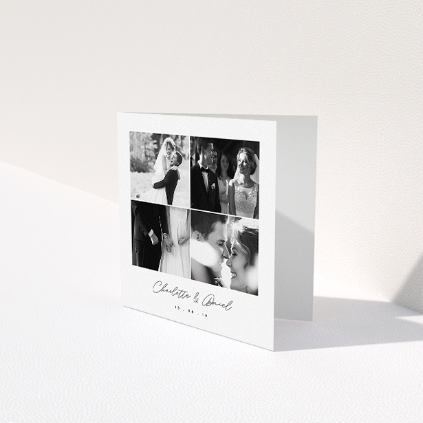A wedding thank you card named "Box Chic". It is a square (148mm x 148mm) card in a square orientation. It is a photographic wedding thank you card with room for 3 photos. "Box Chic" is available as a folded card, with tones of black and white.