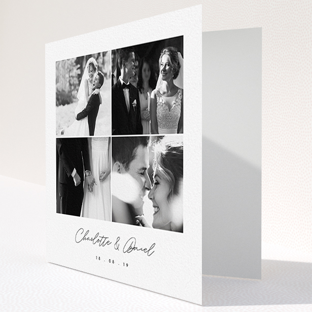 A wedding thank you card named "Box Chic". It is a square (148mm x 148mm) card in a square orientation. It is a photographic wedding thank you card with room for 3 photos. "Box Chic" is available as a folded card, with tones of black and white.