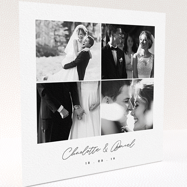 A wedding thank you card named "Box Chic". It is a square (148mm x 148mm) card in a square orientation. It is a photographic wedding thank you card with room for 3 photos. "Box Chic" is available as a folded card, with tones of black and white.