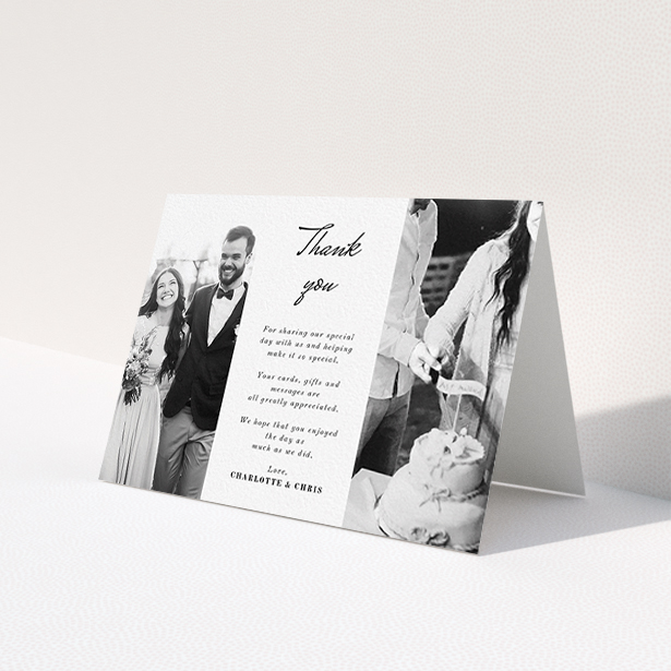 A wedding thank you card template titled 'Caught in the middle with you'. It is an A6 card in a landscape orientation. It is a photographic wedding thank you card with room for 2 photos. 'Caught in the middle with you' is available as a folded card, with mainly white colouring.