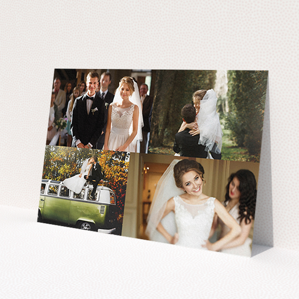 A wedding thank you card design titled 'Cheek by jowl'. It is an A6 card in a landscape orientation. It is a photographic wedding thank you card with room for 3 photos. 'Cheek by jowl' is available as a flat card, with tones of black and white.