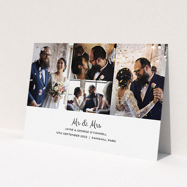 A wedding thank you card named 'Cheek by Jowl'. It is an A6 card in a landscape orientation. It is a photographic wedding thank you card with room for 4 photos. 'Cheek by Jowl' is available as a flat card, with mainly white colouring.