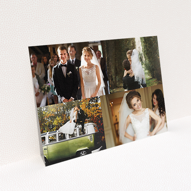 A wedding thank you card design titled "Cheek by jowl". It is an A6 card in a landscape orientation. It is a photographic wedding thank you card with room for 3 photos. "Cheek by jowl" is available as a flat card, with tones of black and white.