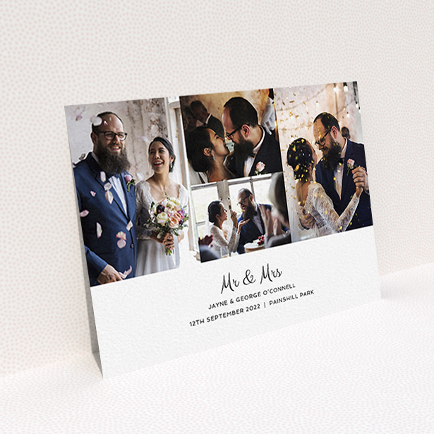 A wedding thank you card named "Cheek by Jowl". It is an A6 card in a landscape orientation. It is a photographic wedding thank you card with room for 4 photos. "Cheek by Jowl" is available as a flat card, with mainly white colouring.