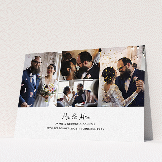 A wedding thank you card named "Cheek by Jowl". It is an A6 card in a landscape orientation. It is a photographic wedding thank you card with room for 4 photos. "Cheek by Jowl" is available as a flat card, with mainly white colouring.