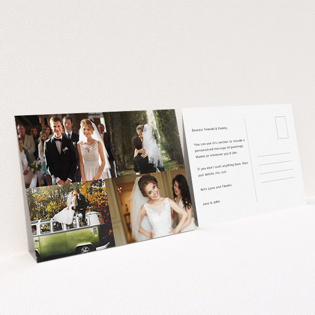A wedding thank you card design titled "Cheek by jowl". It is an A6 card in a landscape orientation. It is a photographic wedding thank you card with room for 3 photos. "Cheek by jowl" is available as a flat card, with tones of black and white.