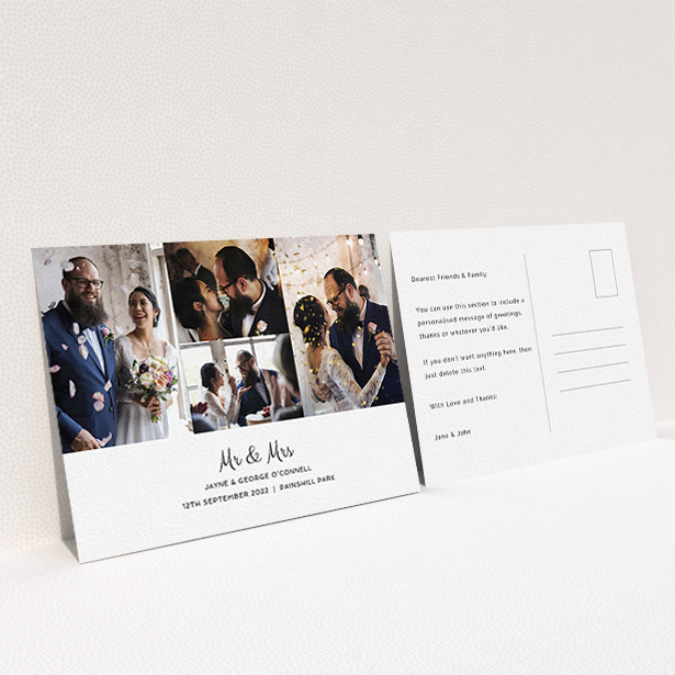 A wedding thank you card named "Cheek by Jowl". It is an A6 card in a landscape orientation. It is a photographic wedding thank you card with room for 4 photos. "Cheek by Jowl" is available as a flat card, with mainly white colouring.
