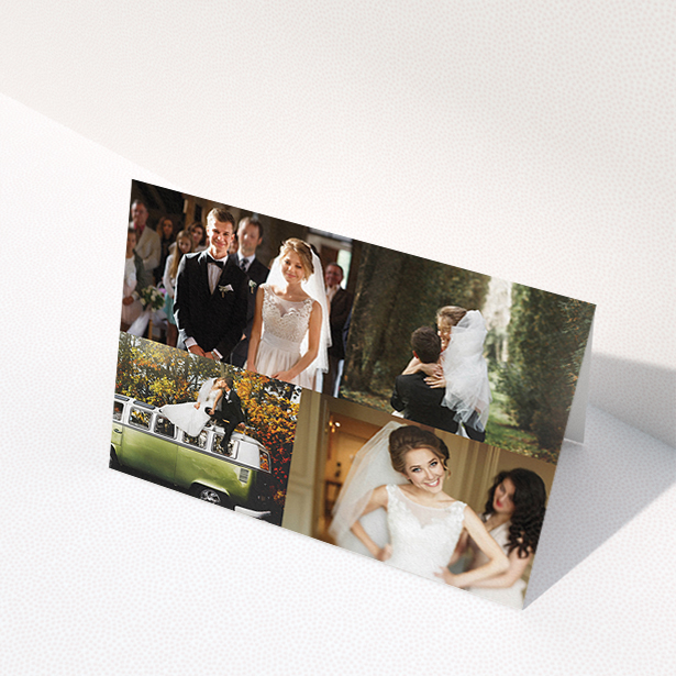 A wedding thank you card design called "Cheek by jowl". It is an A6 card in a landscape orientation. It is a photographic wedding thank you card with room for 3 photos. "Cheek by jowl" is available as a folded card, with tones of black and white.