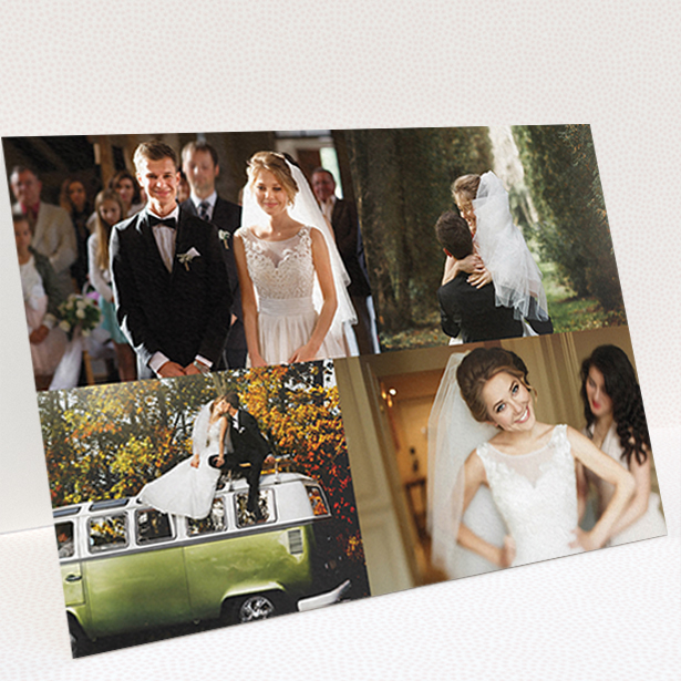 A wedding thank you card design called "Cheek by jowl". It is an A6 card in a landscape orientation. It is a photographic wedding thank you card with room for 3 photos. "Cheek by jowl" is available as a folded card, with tones of black and white.