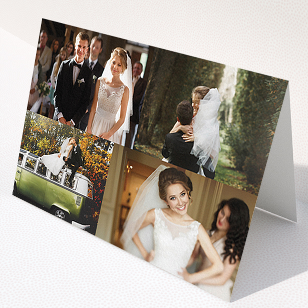 A wedding thank you card design called "Cheek by jowl". It is an A6 card in a landscape orientation. It is a photographic wedding thank you card with room for 3 photos. "Cheek by jowl" is available as a folded card, with tones of black and white.
