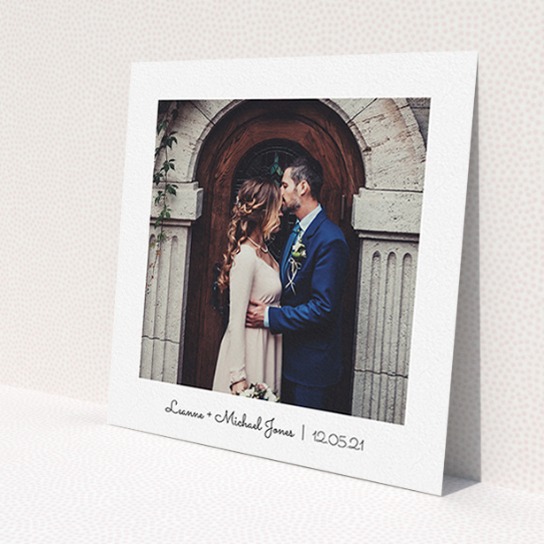 A wedding thank you card design titled 'Classic Thank You with Photo'. It is a square (148mm x 148mm) card in a square orientation. It is a photographic wedding thank you card with room for 1 photo. 'Classic Thank You with Photo' is available as a flat card, with mainly white colouring.