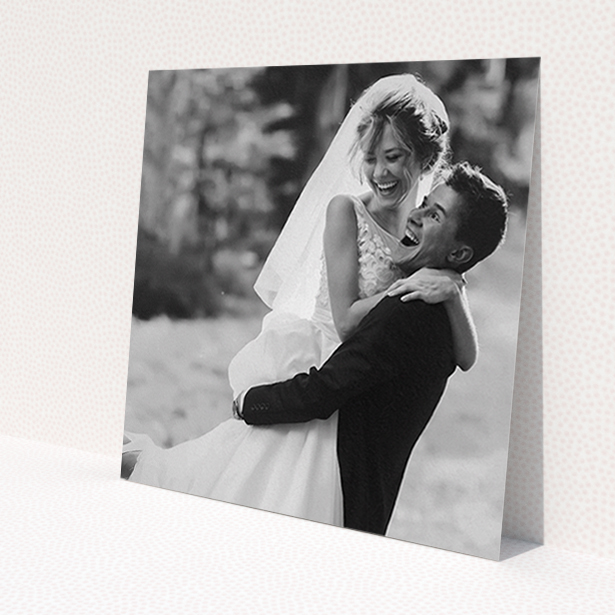 A wedding thank you card named "Full-page portrait". It is a square (148mm x 148mm) card in a square orientation. It is a photographic wedding thank you card with room for 1 photo. "Full-page portrait" is available as a flat card.
