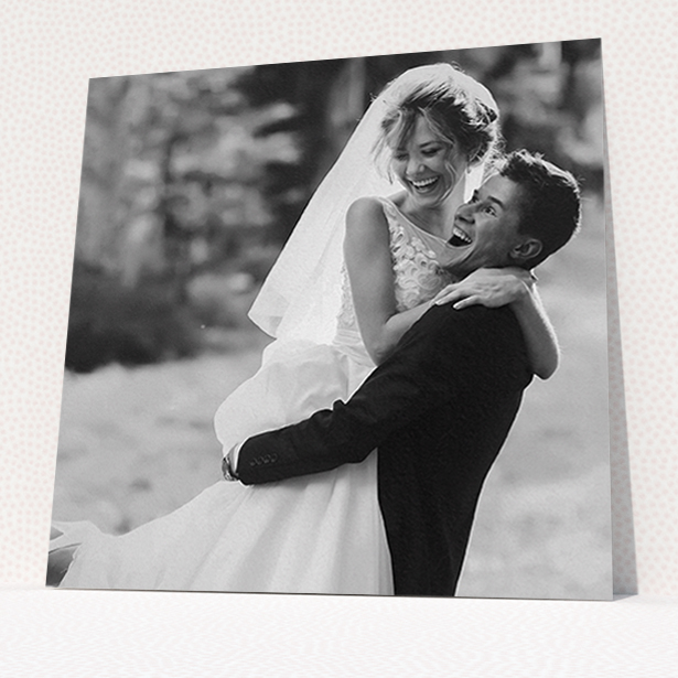 A wedding thank you card named "Full-page portrait". It is a square (148mm x 148mm) card in a square orientation. It is a photographic wedding thank you card with room for 1 photo. "Full-page portrait" is available as a flat card.
